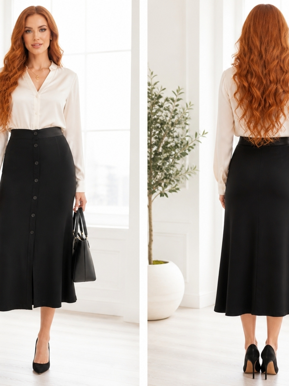 Max Studio Black Button-Front Midi Skirt with A-Line Hem